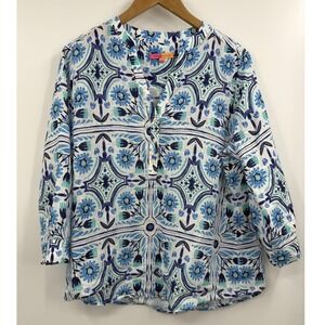 Vilagallo Shirt Womens 44 Blue White Linen Henley 3/4 Sleeve Floral Tile Print L